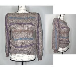 Vintage Ginenne Too Knit Crochet Bateau Neck Puff Sleeves Striped Sweater Medium